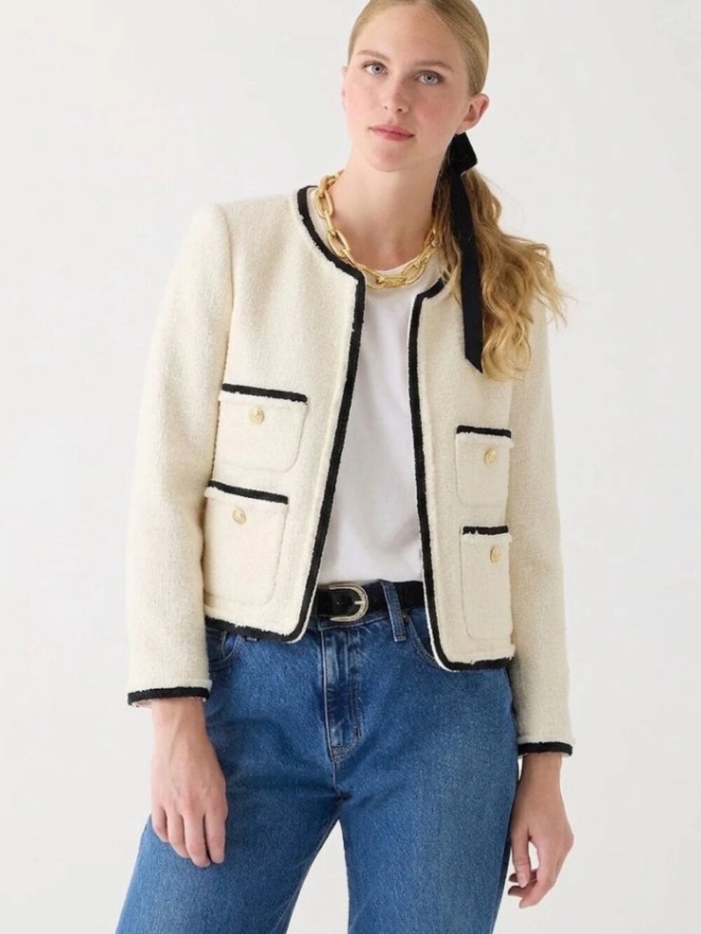 J.Crew Frances Lady Jacket Wool Blend Natural Black Trim Maritime Tweed 6 EUC